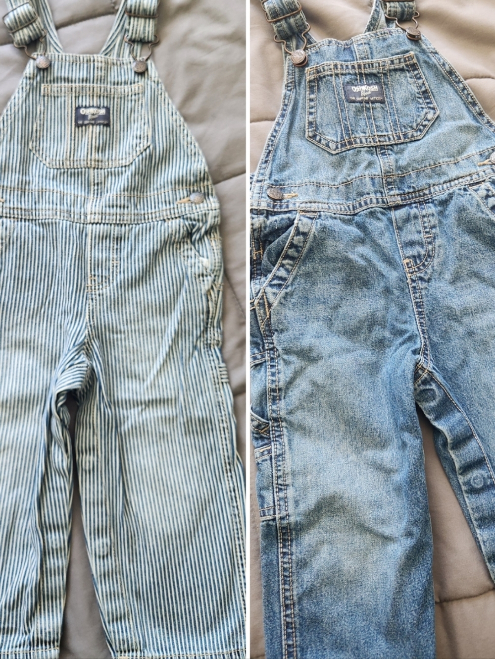 2 Osh Kosh overalls, conductor stripe and blue denim